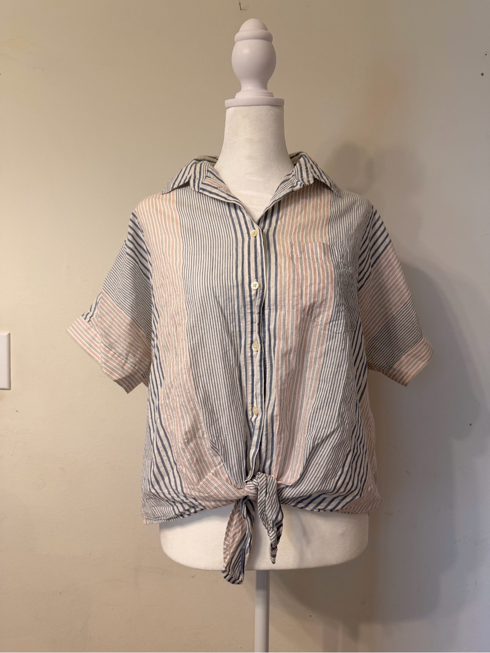 Madewell Striped Tie-Front Button-Up Shirt in Blue and Red